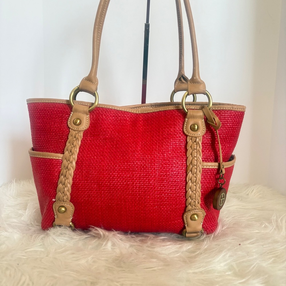 Giani Bernini Red Woven Straw Tote Bag Tan Braided Trim RN 119036